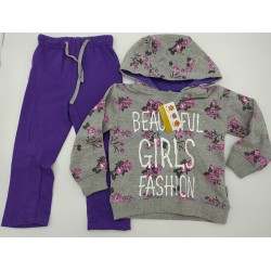 Conjunto largo niña, sudadera gris (floral) capucha y