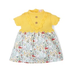 Vestido manga corta tejido combinado punto y tela estampado