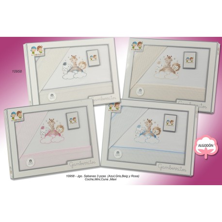 Juego de sábanas 3 piezas algodón cuna animalitos-GBV-10958C-Gamberritos